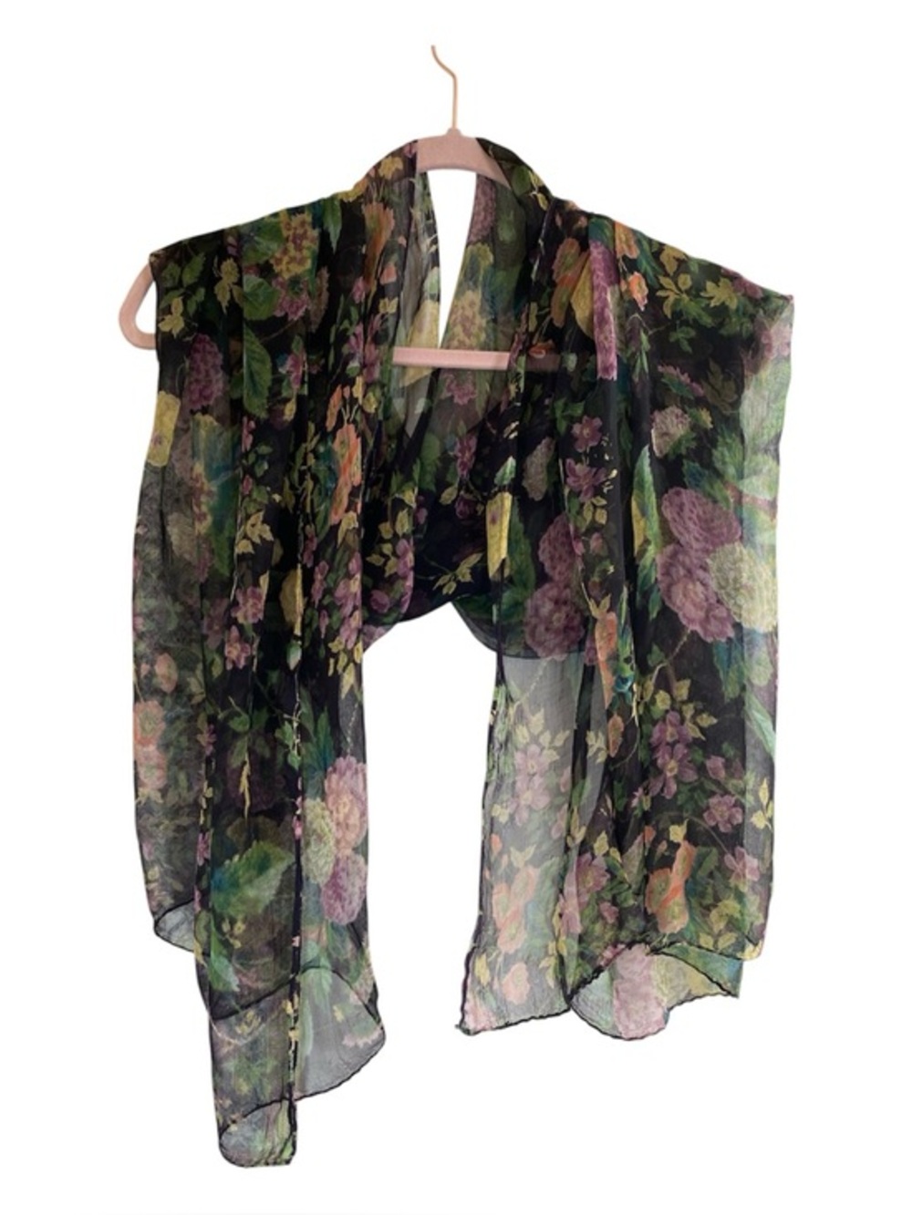 VINTAGE Sheer Chiffon Dark Floral Design Scarf Black Background